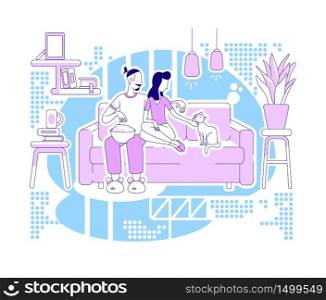 Chill at home flat silhouette vector illustration. Man and woman rest on couch. Relaxation on sofa. Couple outline characters on blue background. Weekend recreation simple style drawing. Chill at home flat silhouette vector illustration