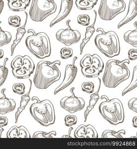 Chilli and bell pepper cut in slices, seamless pattern of organic ingredients. Food preparation and cooking, healthy eating. Ripe vegetables dieting. Monochrome sketch outline, vector in flat style. Bellpepper and chilly, organic vegetables ingredients for salads