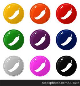 Chilli icons set 9 colors isolated on white. Collection of glossy round colorful buttons. Vector illustration for any design.