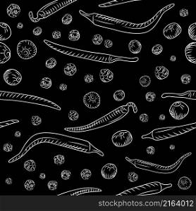 Chilli pepper and black pepper seamless pattern on blackboard. Engraving vintage style. Vector illustration.. Chilli pepper and black pepper seamless pattern on blackboard.