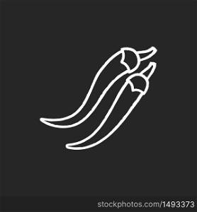 Chilli pepper chalk white icon on black background. Mexican food. Fresh vegetable to prepare hot sauce. Jalapeno for salsa. Whole veggie to make seasoning. Isolated vector chalkboard illustration. Chilli pepper chalk white icon on black background