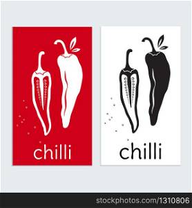 Chilli pepper logo food icon or label. Concept for Restaurant, Spicys, farmers market, organic food, natural vegetables product design. Black, Red and White Isolated, Vector. Chilli pepper logo food icon. Spicy Restaurant Logo in Black and White