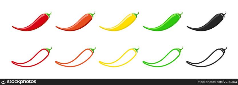 Chilli pepper meter icons. Outline of spicy, medium and low levels of pepper. Red, orange, yellow, green and black line icons. Vector.