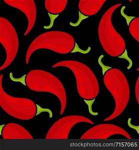 Chilli vegetable seamless background vector flat illustration. Fresh food background in red and black colors with chilli vegetable seamless element for wrapping paper or restaurant wallpaper. Red chilli vegetable seamless black background