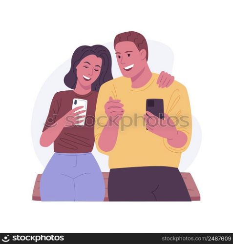 Chilling at the bench isolated cartoon vector illustrations. Couple with phones sitting at the bench together, holding gadgets in hands, devices addiction, day in the city park vector cartoon.. Chilling at the bench isolated cartoon vector illustrations.