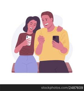 Chilling at the bench isolated cartoon vector illustrations. Couple with phones sitting at the bench together, holding gadgets in hands, devices addiction, day in the city park vector cartoon.. Chilling at the bench isolated cartoon vector illustrations.