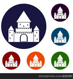 Chillon Castle, Switzerland icons set in flat circle reb, blue and green color for web. Chillon Castle, Switzerland icons set