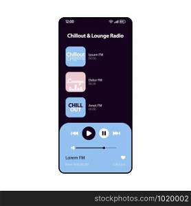 Chillout & lounge FM radio smartphone interface vector template. Mobile music player app page black layout. Online audio playlist, track album listening screen. Flat UI for application. Phone display