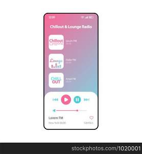 Chillout & lounge radio smartphone interface vector template. Mobile music player app page modern design layout. Audio playlist, albums listening screen. Flat UI for application. Phone display