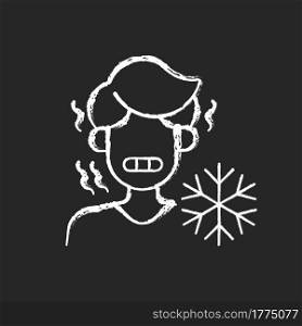 Chills chalk white icon on dark background. Man shiver from cold. Person in cool weather. Human freezing in low temperature. Symptom of heatstroke. Isolated vector chalkboard illustration on black. Chills chalk white icon on dark background
