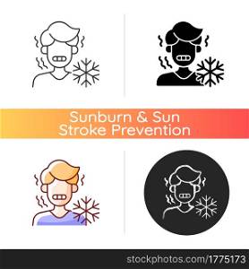 Chills icon. Man shiver from cold. Person in cool weather. Human freezing in low temperature. Symptom of heatstroke. Linear black and RGB color styles. Isolated vector illustrations. Chills icon