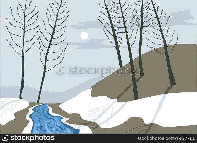 Chilly winter or early spring view of flowing river in evening or night with full moon. Landscape with melting snow and water, trees and hills or mountains. Rural scene view. Vector in flat style. Winter or early spring landscape of river at night