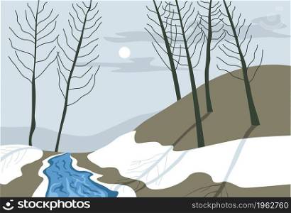 Chilly winter or early spring view of flowing river in evening or night with full moon. Landscape with melting snow and water, trees and hills or mountains. Rural scene view. Vector in flat style. Winter or early spring landscape of river at night