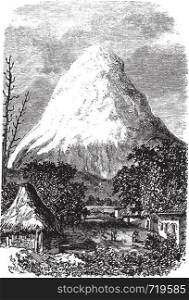 Chimborazo Volcano in Ecuador, during the 1890s, vintage engraving. Old engraved illustration of the Chimborazo Volcano in Ecuador.