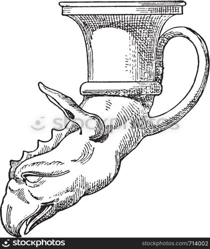 Chimera's head rhyton, vintage engraved illustration.