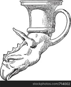 Chimera's head rhyton, vintage engraved illustration.