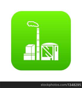 Chimney and building of chemical plant icon green vector isolated on white background. Chimney and building of chemical plant icon green vector