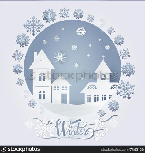 Chimney with bells and dwelling with windows on snowy ground at night vector. Winter nature, falling snow, card decorated by snowflakes on white landscape, paper art and craft style. Winter Decorated Card City and Snowflakes Vector