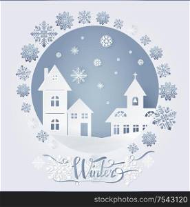 Chimney with bells and dwelling with windows on snowy ground at night vector. Winter nature, falling snow, card decorated by snowflakes on white landscape, paper art and craft style. Winter Decorated Card City and Snowflakes Vector