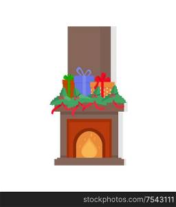 Chimney with presents on top fireplace isolated icon vector. Gifts and ribbons decorating stone construction with burning fire, mistletoe and bows. Chimney with Presents on Top Fireplace Isolated