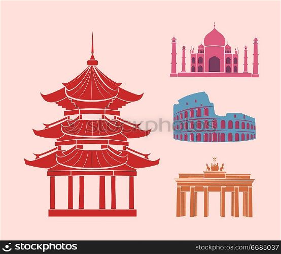 China and Italy, Germany and India set isolated icons vector. Sightseeing places for foreigners. Gates and Colosseum, Taj Mahal building architecture. China and Italy Germany and India Icons Set Vector