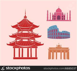China and Italy, Germany and India set isolated icons vector. Sightseeing places for foreigners. Gates and Colosseum, Taj Mahal building architecture. China and Italy Germany and India Icons Set Vector