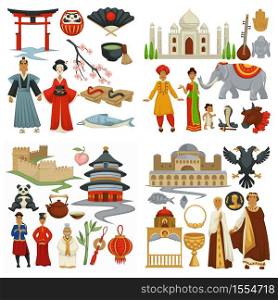 China and Japan India and Byzantium traveling culture and history vector geisha and samurai men and women Taj Mahal and torii gate capitol building and Great wall landmarks and heritage nationalities.. Traveling culture and history China and Japan India and Byzantium