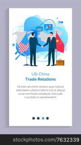 China and US business relations vector, people at meeting shaking hands, flags of countries, representatives wearing suits and formalwear. Website or app slider template, landing page flat style. US and China Business Relations, Partners at Work