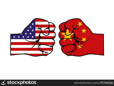 China and USA trade war, business and economics conflict. Vector chinese and american flags on clenched fists, hands in national colors of Peoples Republic of China and United States. Trade war of China and USA, hands with flags