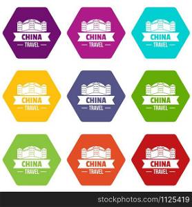 China building icons 9 set coloful isolated on white for web. China building icons set 9 vector