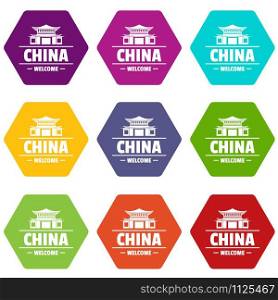 China capital icons 9 set coloful isolated on white for web. China capital icons set 9 vector