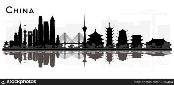 China City skyline black and white silhouette with Reflections. Vector illustration. Simple flat concept for tourism presentation, banner, placard or web site. Business travel concept. China Cityscape with Landmarks. 