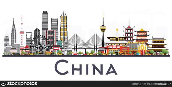 China City Skyline Isolated on White Background. Famous Landmarks in China. Vector Illustration. Business Travel and Tourism Concept. Image for Presentation, Banner, Placard and Web Site.