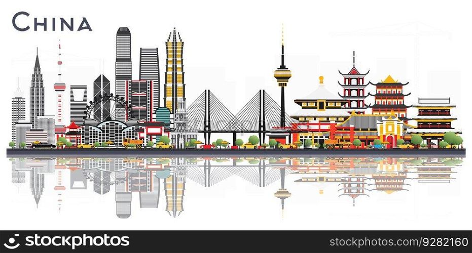 China City Skyline Isolated on White Background. Famous Landmarks in China. Vector Illustration. Business Travel and Tourism Concept. Image for Presentation, Banner, Placard and Web Site.