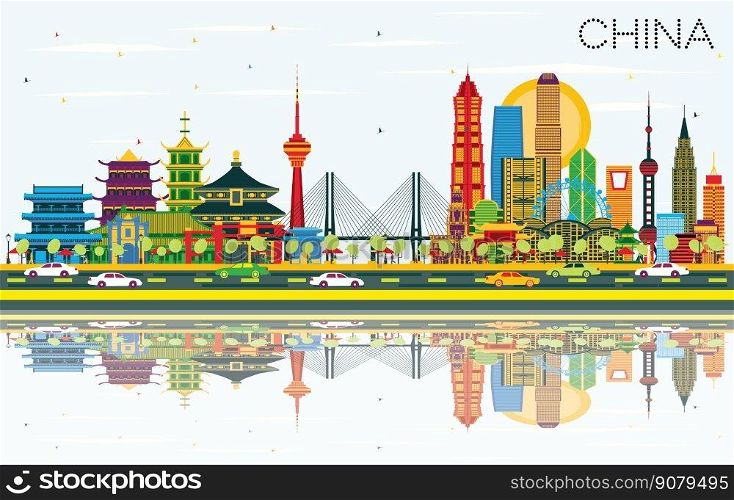 China City Skyline with Color Buildings and Reflections. Famous Landmarks in China. Vector Illustration. Business Travel and Tourism Concept. Image for Presentation, Banner, Placard and Web Site. 