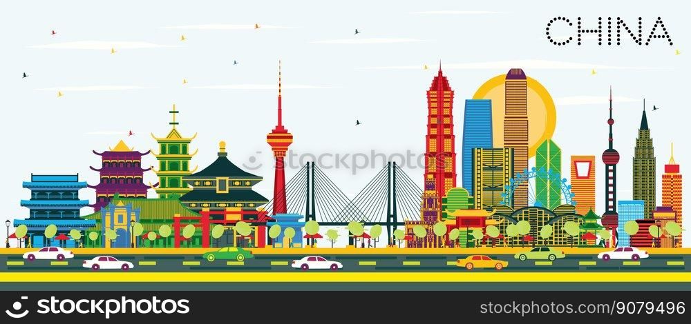 China City Skyline with Color Buildings. Famous Landmarks in China. Vector Illustration. Business Travel and Tourism Concept. Image for Presentation, Banner, Placard and Web Site. 