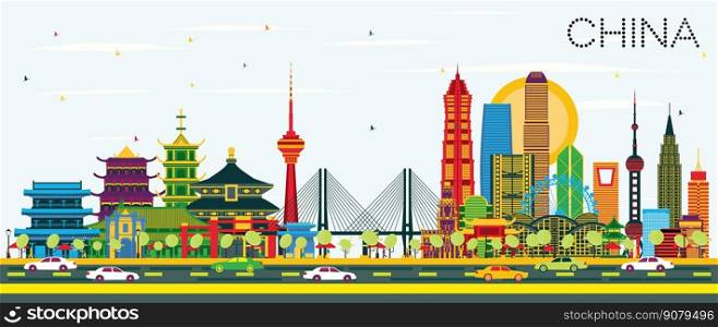 China City Skyline with Color Buildings. Famous Landmarks in China. Vector Illustration. Business Travel and Tourism Concept. Image for Presentation, Banner, Placard and Web Site. 