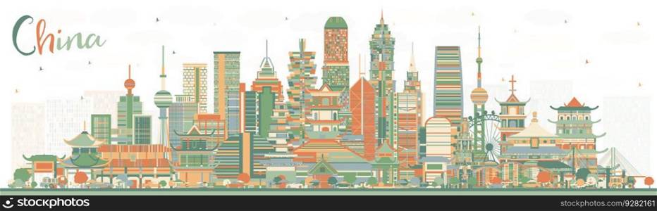 China City Skyline with Color Buildings. Famous Landmarks in China. Vector Illustration. Business Travel and Tourism Concept with Modern Architecture. China Cityscape with Landmarks.