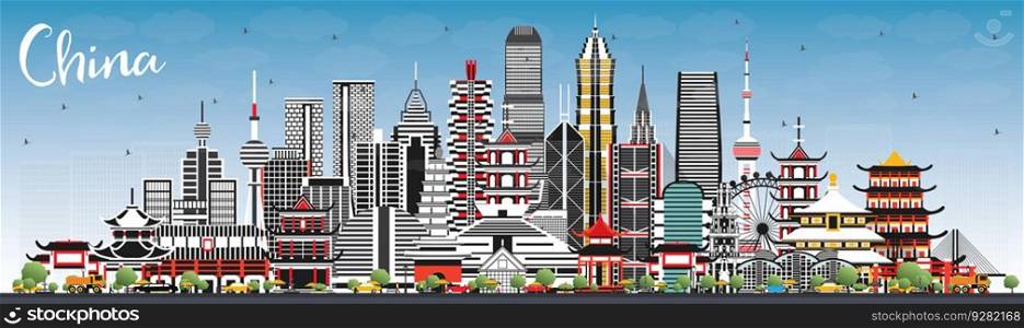 China City Skyline with Gray Buildings and Blue Sky. Famous Landmarks in China. Vector Illustration. Business Travel and Tourism Concept with Modern Architecture. China Cityscape with Landmarks.