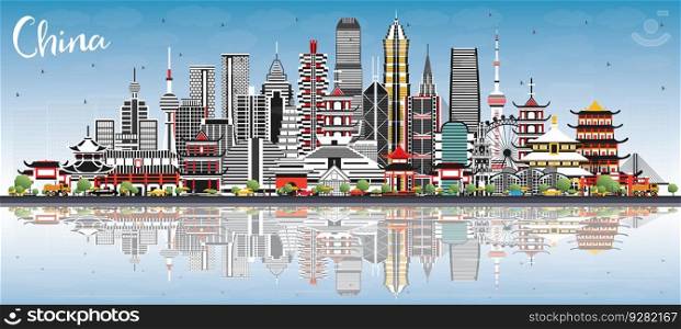 China City Skyline with Gray Buildings, Blue Sky and Reflections. Famous Landmarks in China. Vector Illustration. Travel and Tourism Concept with Modern Architecture. China Cityscape with Landmarks.
