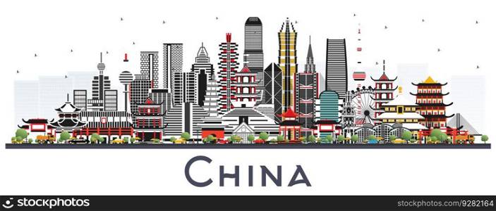 China City Skyline with Gray Buildings Isolated on White. Famous Landmarks in China. Vector Illustration. Business Travel and Tourism Concept with Modern Architecture. China Cityscape with Landmarks.