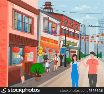China city street. Happy woman looking at window. Mother buy street food for son in local street food cafe. Guy buying cookies. Chinese decorations, lanterns, signs. Happy man waving hand, urban city. China city street, people s life, happy man waving hand, woman look at window, buying street food