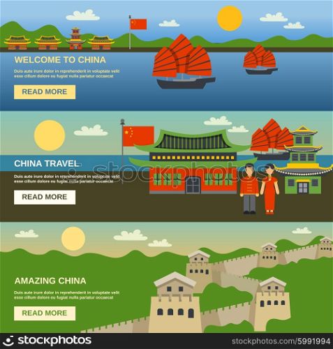 China Culture 3 Flat banners Set. Chinese culture traditions and famous landmarks information for tourists 3 flat horizontal interactive banners isolated vector illustration