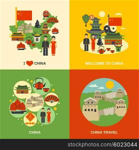 China Culture 4 Flat Icons Square . Chinese culture for travelers 4 flat icons square with traditional food and sightseeing abstract isolated vector illustration
