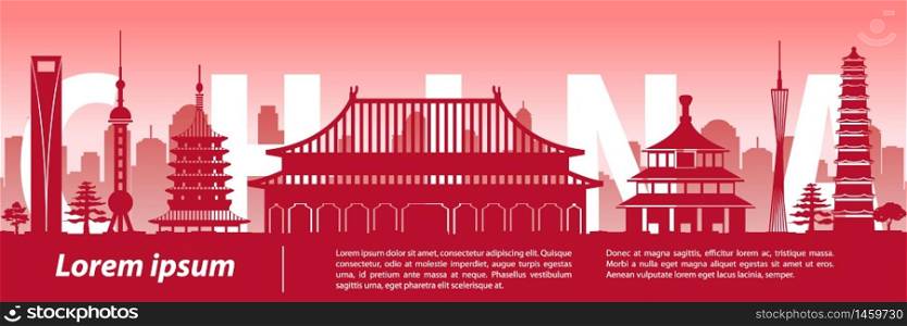 China famous landmark silhouette style,text within,travel and tourism,vector illustration