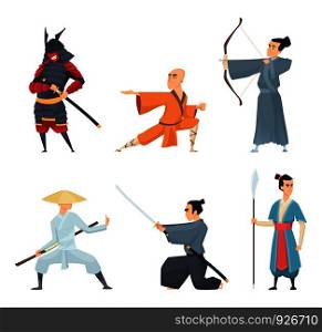 China fighters. Traditional eastern heroes emperor guangdong samurai ninja sword vector cartoon characters in action poses. Japanese martial ninja, warrior samurai with weapon illustration. China fighters. Traditional eastern heroes emperor guangdong samurai ninja sword vector cartoon characters in action poses