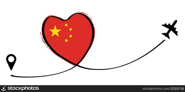 China flag, Love Romantic travel airplane line path of air plane flight route with start point icon. Air plane flying. Vector fly pin location pointer route, trace and rack sign. For happy romance vacation, holliday fun.