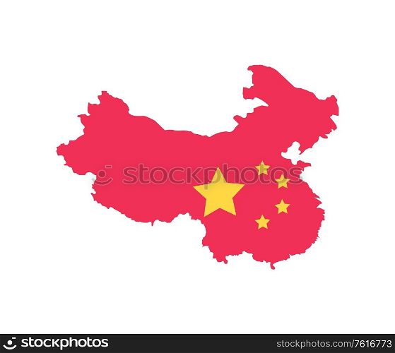 China flag, map of state in red color with stars, flat design style of area, geography and cartography icon, asian symbol, east region, Chinese sign vector. Cartography Icon, China on Map with Flag Vector