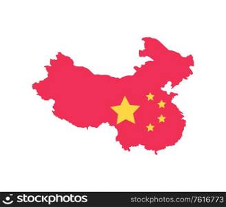China flag, map of state in red color with stars, flat design style of area, geography and cartography icon, asian symbol, east region, Chinese sign vector. Cartography Icon, China on Map with Flag Vector