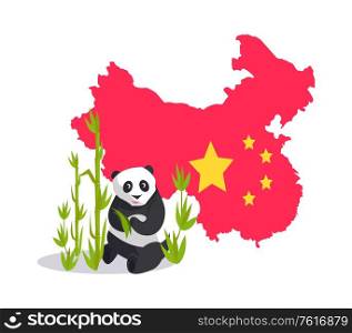 China flag, map of state in red color with stars, flat design style of panda character eating bamboo, asian symbol, east region, Chinese sign vector. Flag of China, Map and Panda, Asian Sign Vector